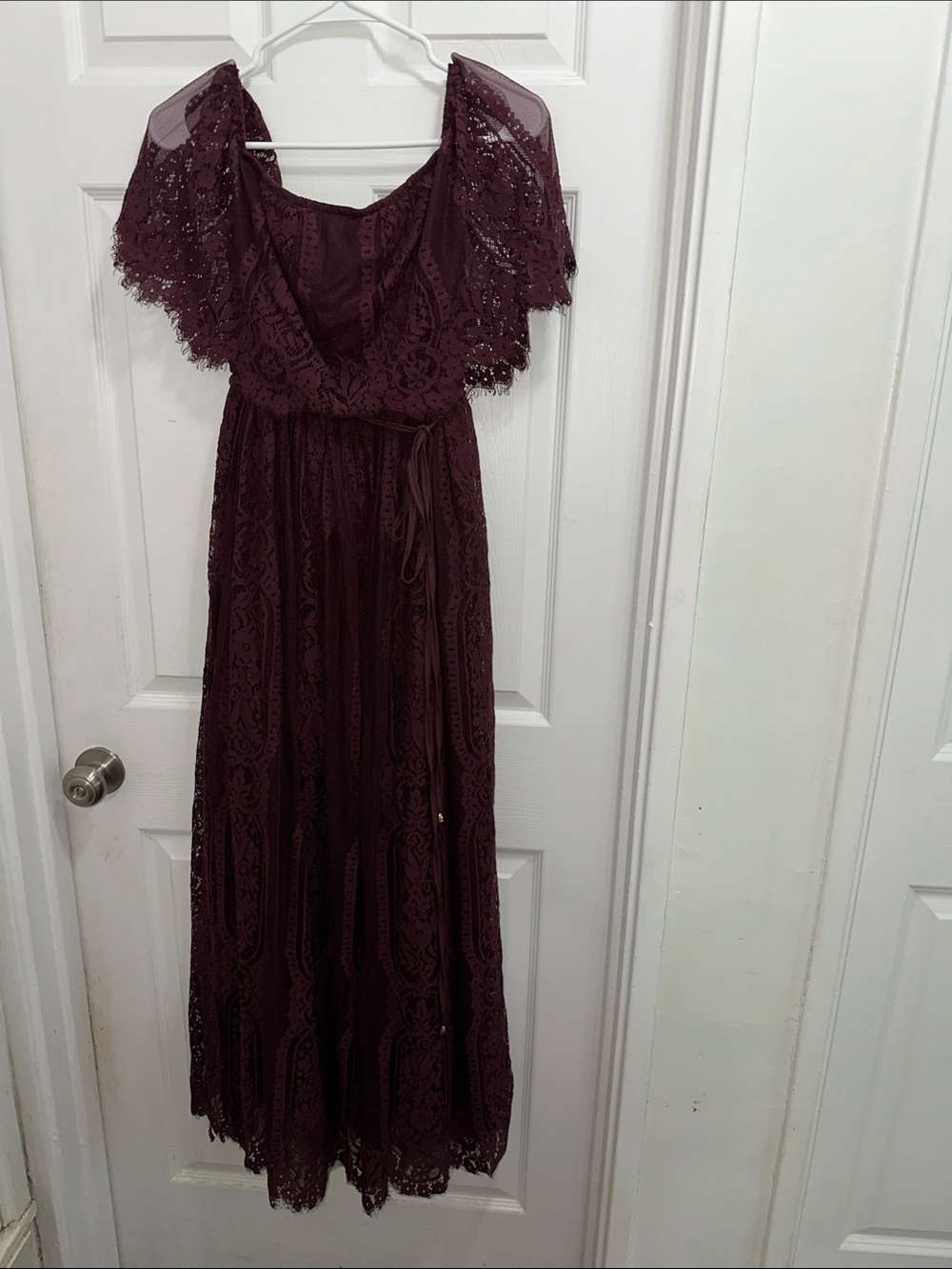 Baltic Born Burgundy Lace Maxi Dress with Flutter Sleeves
